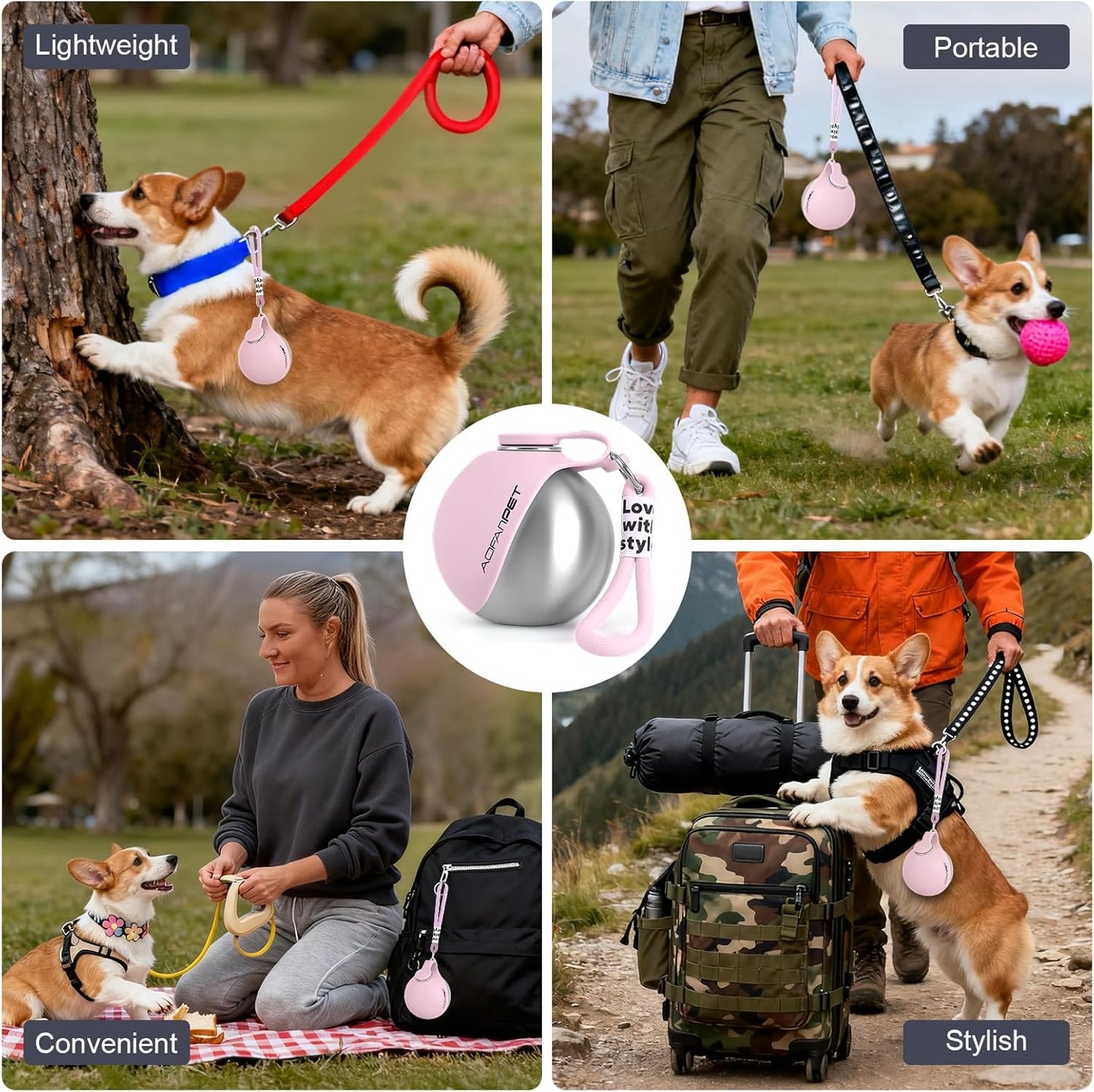 Stainless Steel 10oz Portable Dog Water Bottle with Integrated Bowl - No-Spill Travel Dispenser for Small Dogs, Ideal for Walking and Hiking