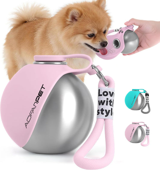 Stainless Steel 10oz Portable Dog Water Bottle with Integrated Bowl - No-Spill Travel Dispenser for Small Dogs, Ideal for Walking and Hiking