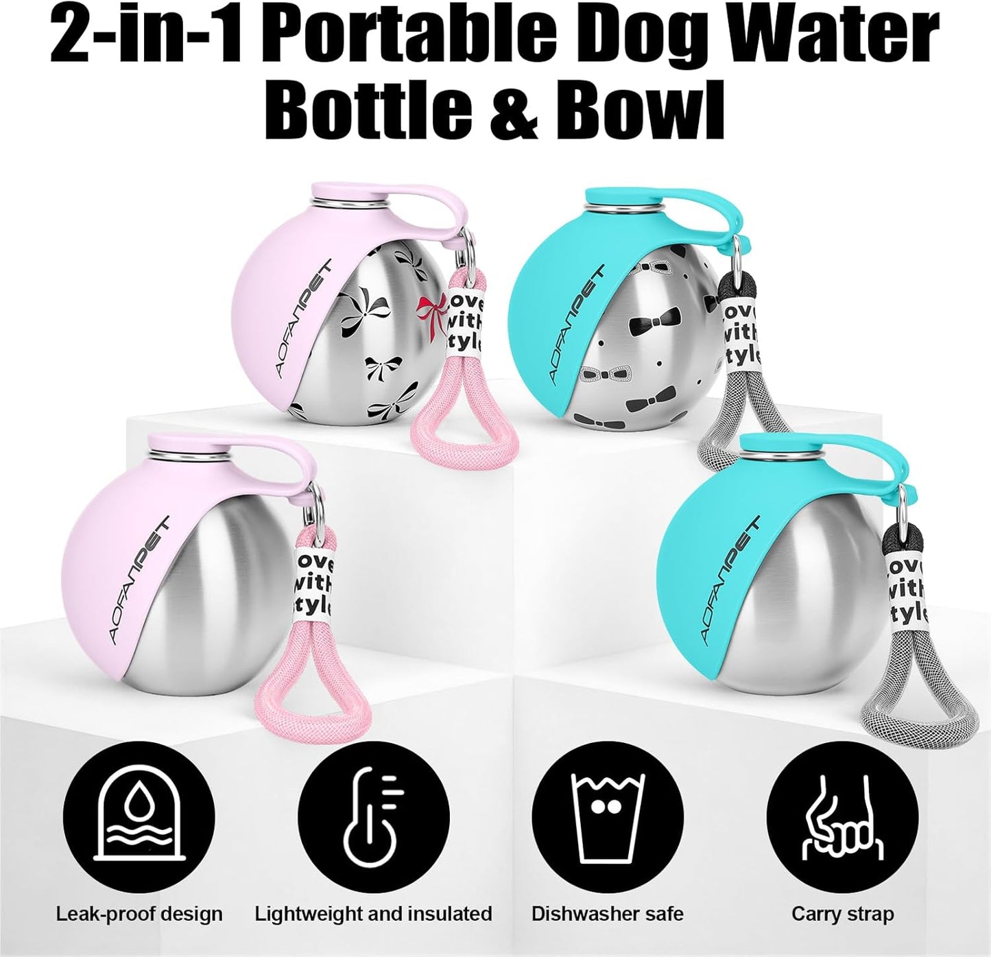 Stainless Steel 10oz Portable Dog Water Bottle with Integrated Bowl - No-Spill Travel Dispenser for Small Dogs, Ideal for Walking and Hiking