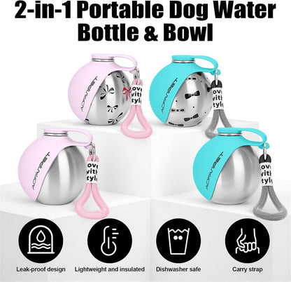 Stainless Steel 10oz Portable Dog Water Bottle with Integrated Bowl - No-Spill Travel Dispenser for Small Dogs, Ideal for Walking and Hiking