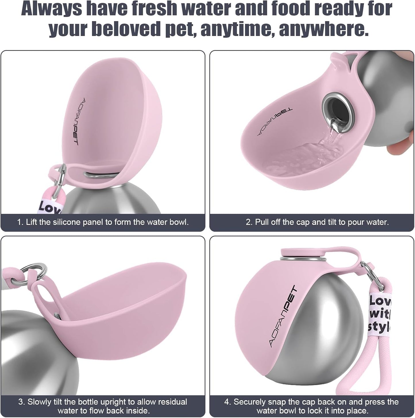 Stainless Steel 10oz Portable Dog Water Bottle with Integrated Bowl - No-Spill Travel Dispenser for Small Dogs, Ideal for Walking and Hiking