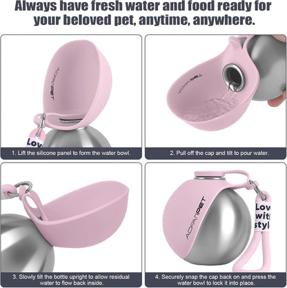 Stainless Steel 10oz Portable Dog Water Bottle with Integrated Bowl - No-Spill Travel Dispenser for Small Dogs, Ideal for Walking and Hiking