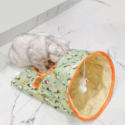 Cat Tunnel Bags for Indoor Cats, 13X17X12In Foldable Cat Crinkle Bag with 3 White Plush Balls and 1 Mouse 5 Holes for Kitten to Hide and Catch 3 Layers Cat Toy (Hedgehog)