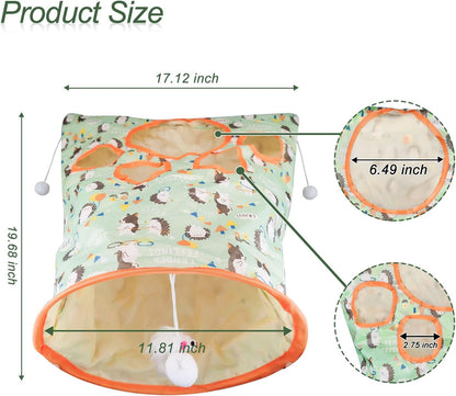 Cat Tunnel Bags for Indoor Cats, 13X17X12In Foldable Cat Crinkle Bag with 3 White Plush Balls and 1 Mouse 5 Holes for Kitten to Hide and Catch 3 Layers Cat Toy (Hedgehog)